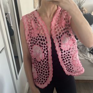 Lace Crochet Vest MEDIUM Pink cutout Boho